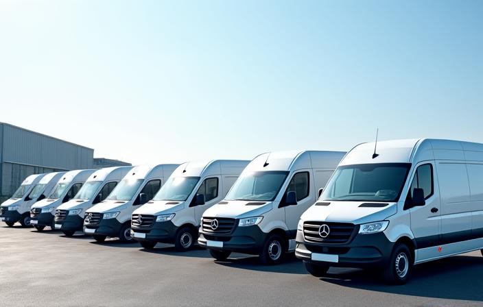 Varias furgonetas de una flota comercial aparcadas y listas para el servicio.