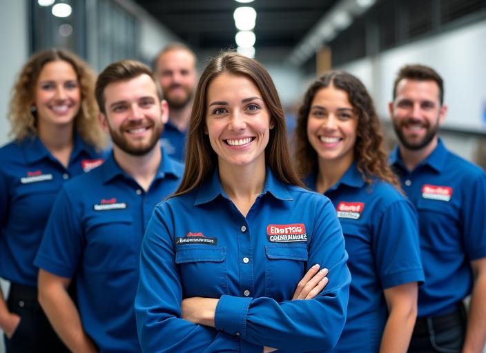 Equipo de técnicos y personal de oficina de IberTow Guardians posando con confianza.