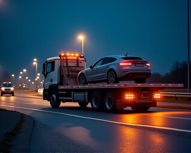Grúa de remolque realizando una asistencia urgente en carretera de noche.